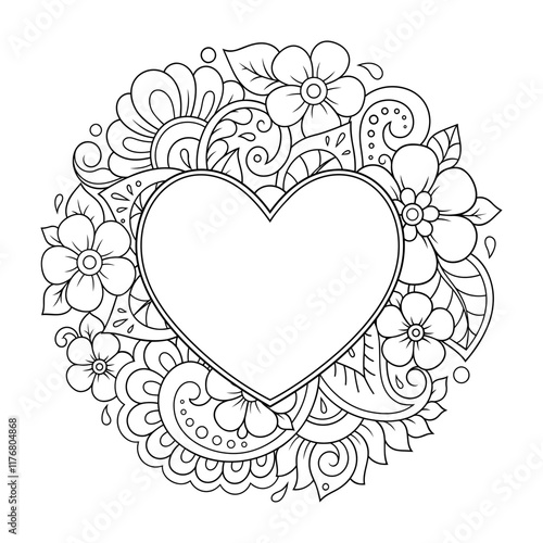 Frame in eastern tradition. Stylized with henna tattoos decorative pattern for decorating covers for book, notebook, casket, magazine, postcard and folder. Flower Heart in mehndi style.