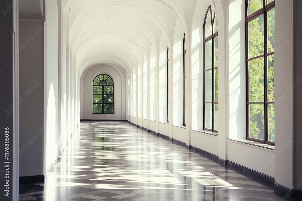 Bright and airy corridor with arches and large windows in a minimalist design Bright and airy corridor with arches and large windows in a minimalist design