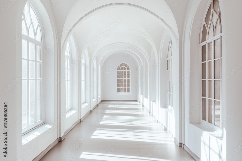Obraz premium Bright and airy corridor with arches and large windows in a minimalist design 