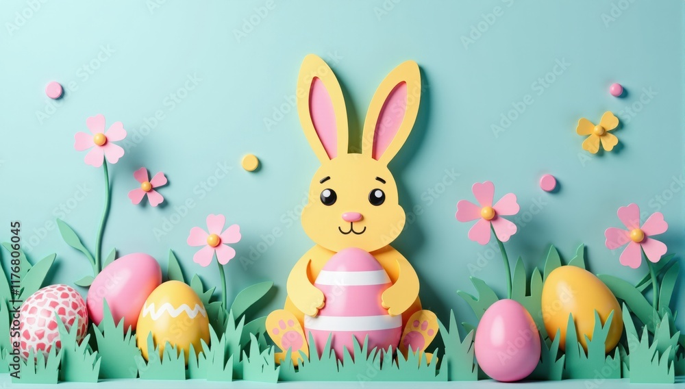 Obraz premium Easter bunny holding painted egg in spring meadow