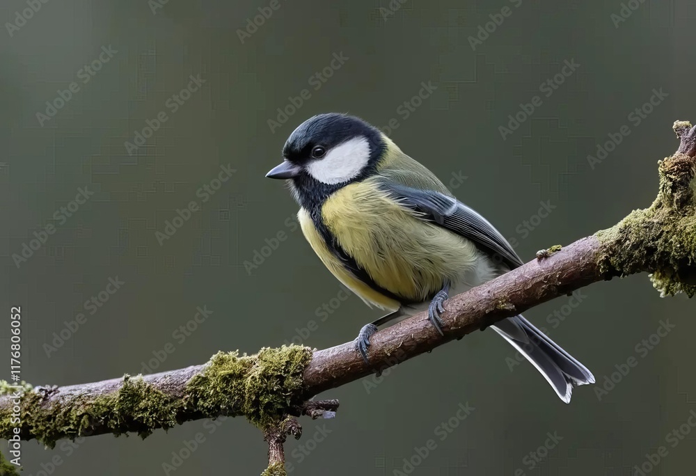 A close-up photo of a Great Tit perched on a tree branch with its feathers fluffed up A close-up photo of a Great Tit perched on a tree branch with its feathers fluffed up