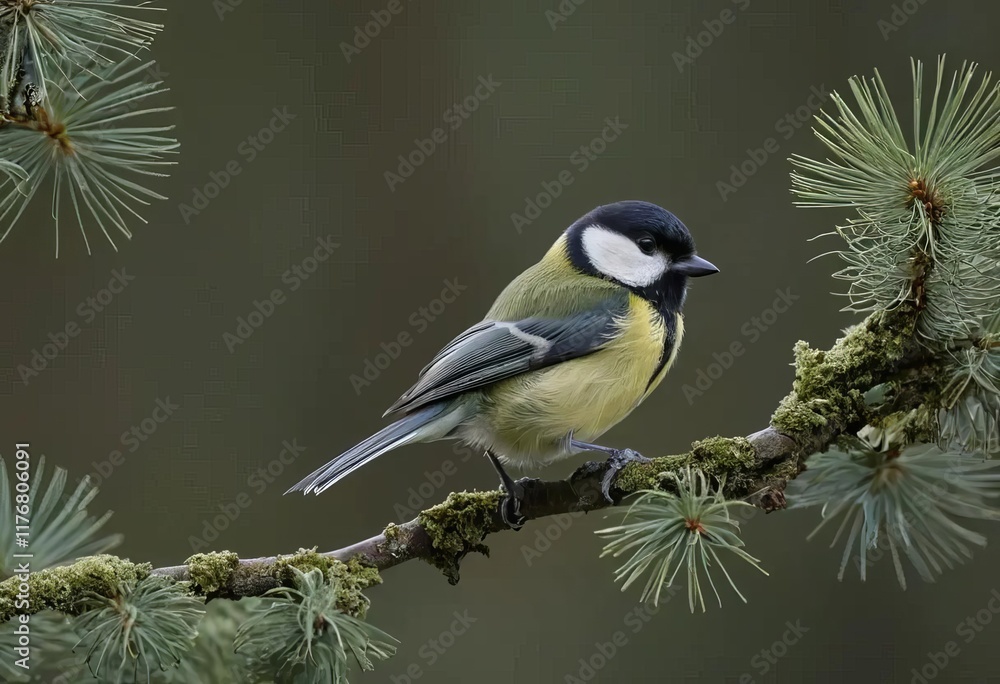 A close-up photo of a Great Tit perched on a tree branch with its feathers fluffed up A close-up photo of a Great Tit perched on a tree branch with its feathers fluffed up