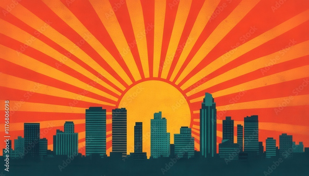Fototapeta premium A vibrant sunset silhouette of a city skyline against a bold, sunburst backdrop, representing urban beauty and tranquility.