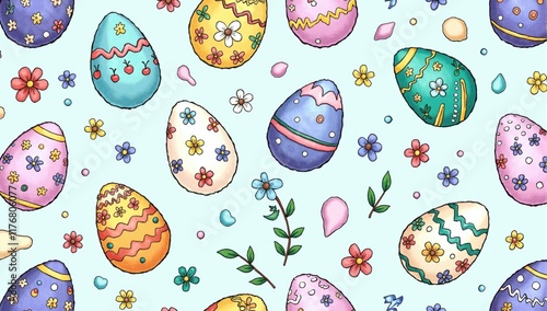 Colorful easter eggs and flowers seamless pattern on light blue background