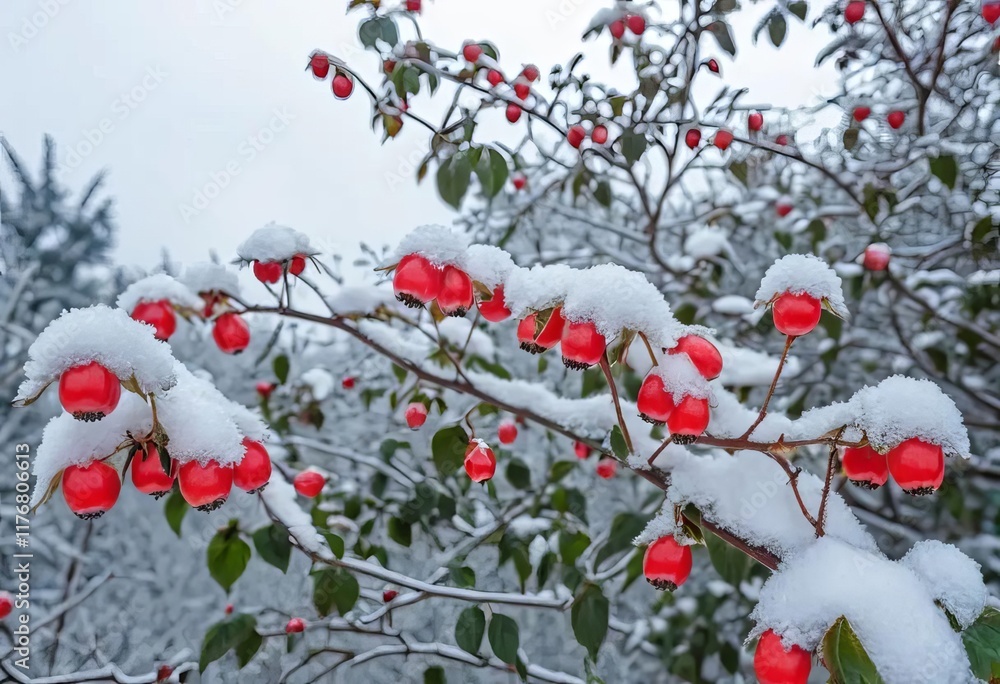 Close-up of a branch with red berries and snow on it Close-up of a branch with red berries and snow on it