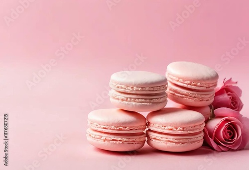 Wallpaper Mural A close-up of heart-shaped macarons on a pastel pink background with rose petals scattered around them Torontodigital.ca