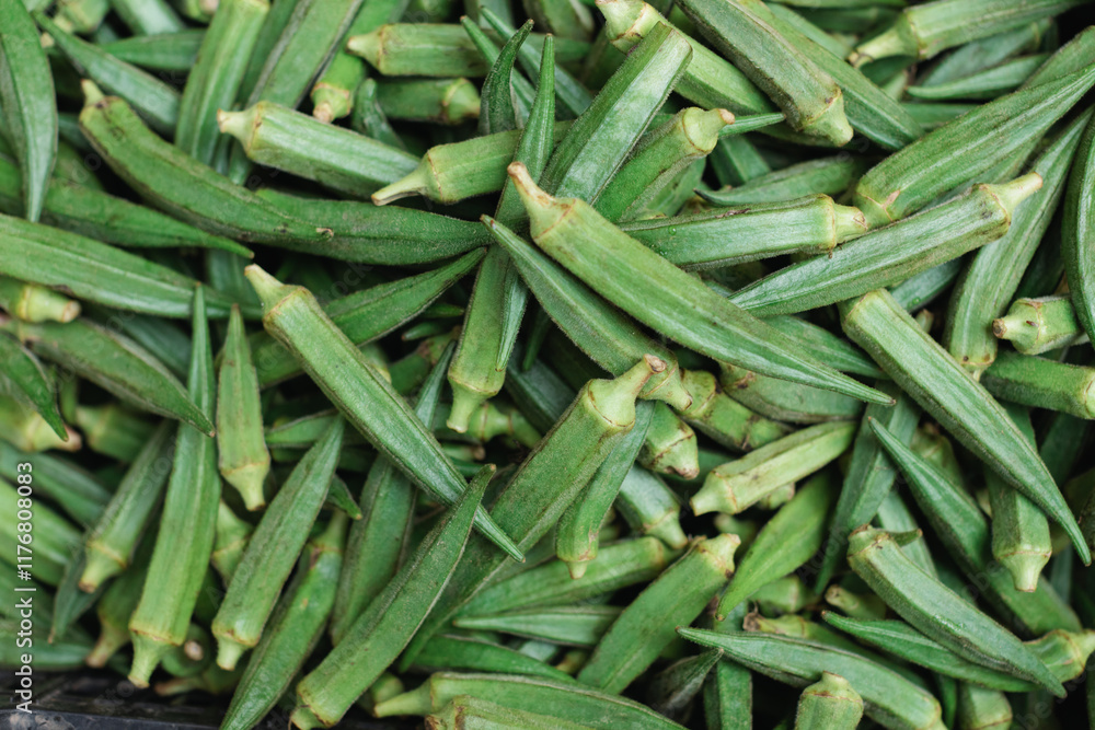 Fresh green okra for sale at the market. Musk okra texture. Fresh green okra for sale at the market. Musk okra texture.