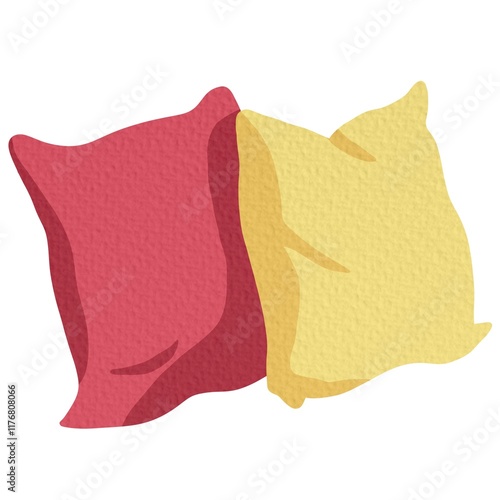 Various pillows. Colored and soft pillows. Resting in bed on the sofa. Warm cozy pillows. Vector illustration on white background.