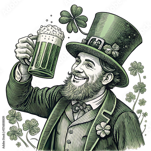 A leprechaun clutching a frothy beer mug amid gold coins and shamrocks, which represent good fortune and celebration generative AI raster illustration sketch engraving. photo