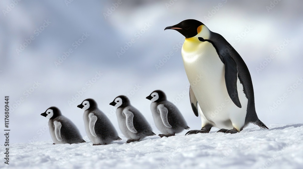 Obraz premium An emperor penguin leads four chicks across a snowy landscape.