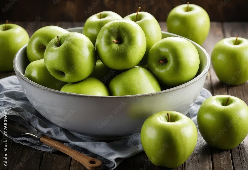A wooden bowl filled with several green apples A wooden bowl filled with several green apples