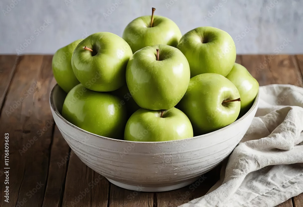 A wooden bowl filled with several green apples A wooden bowl filled with several green apples