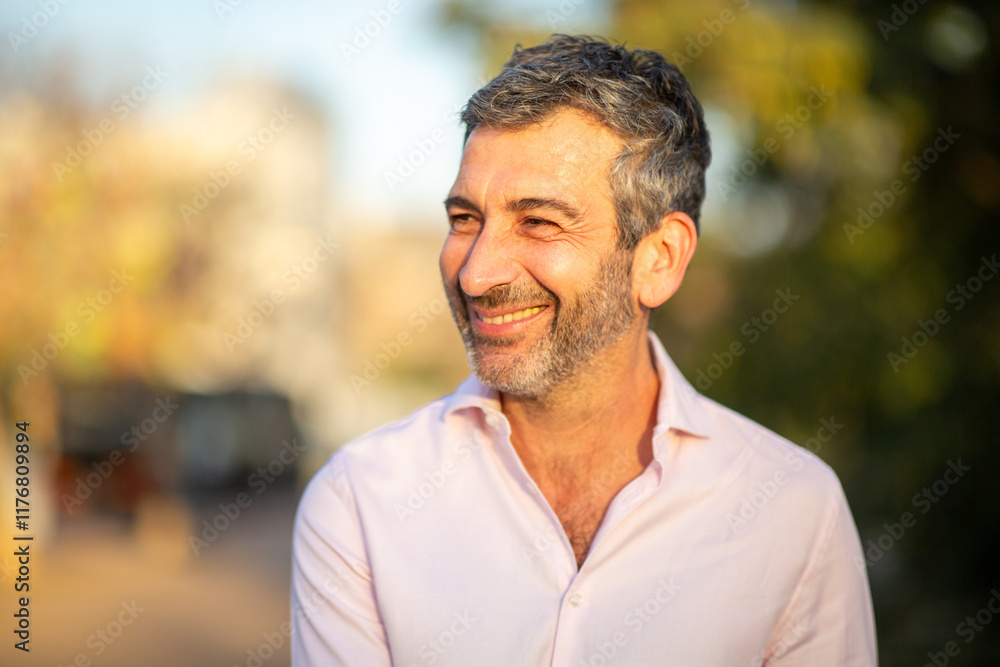 Fototapeta premium Cheerful man looking sideways outdoors with natural background