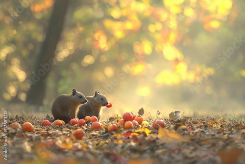 A pair of agoutis nibbling on fallen fruits in a sun-dappled forest clearing.  photo