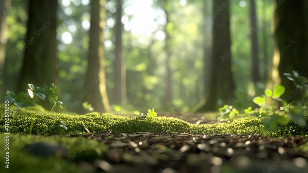 Naklejka premium Sunlit forest floor moss, nature background, serene