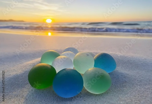 A collection of sea glass marbles on a sandy beach with the sun rising in the background