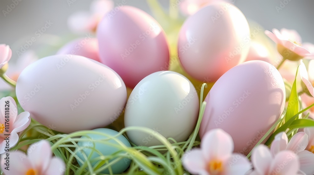 Easter Egg Nest: A cluster of pastel-hued Easter eggs nestle in a bed of green grass, surrounded by delicate pink blossoms, promising a spring filled with joy and new beginnings. Easter Egg Nest: A cluster of pastel-hued Easter eggs nestle in a bed of green grass, surrounded by delicate pink blossoms, promising a spring filled with joy and new beginnings.