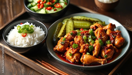 Delicious Spicy Szechuan Chicken Dinner with Rice and Fresh Vegetables on Wooden Table