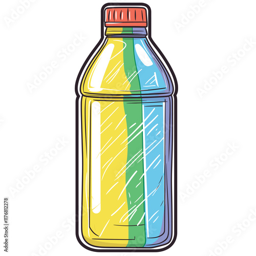 Colorful bottle with purple cap and gradient sections.