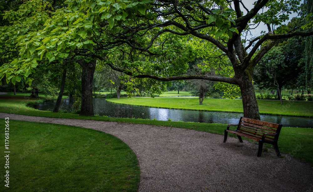 Obraz premium Tranquil park pathway with a view of a serene pond surrounded by lush greenery and a wooden bench for relaxation