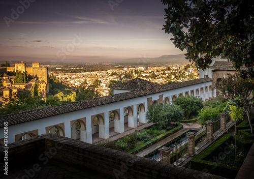 Scenic view of the Generalife overlooking the city of Granada and the Alhambra in the late afternoon light