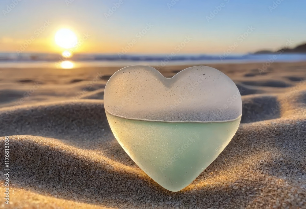 Fototapeta premium A heart-shaped piece of sea glass on a sandy beach with a colorful sunrise or sunset in the background