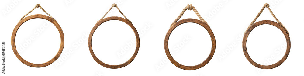 Set of minimal wooden hanging frames in various circular and ring shapes for home decor wall display or interior design accents Natural wood material with rope suspensions create a modern rustic Set of minimal wooden hanging frames in various circular and ring shapes for home decor wall display or interior design accents Natural wood material with rope suspensions create a modern rustic