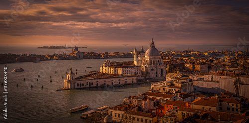 Stunning sunset over the canals of Venice with historic architecture and vibrant waterways