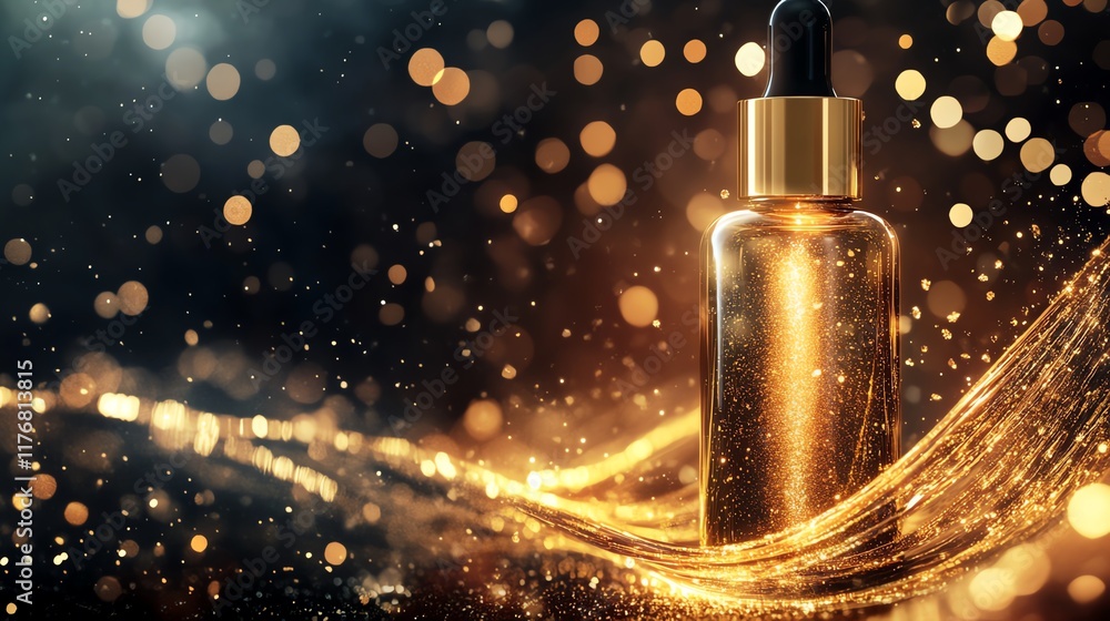 Elegant liquid in a dropper bottle with a shimmering gold background and vibrant bokeh. Elegant liquid in a dropper bottle with a shimmering gold background and vibrant bokeh.