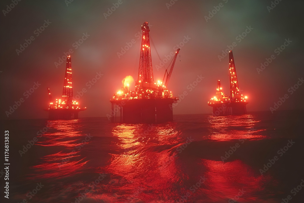 Fototapeta premium Night Offshore Oil Rigs Illustration