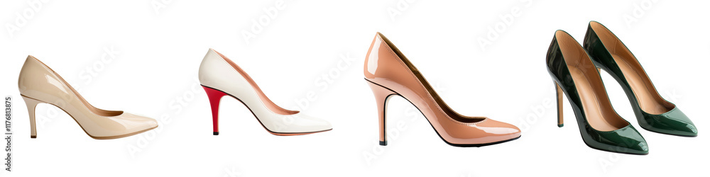 A diverse collection of stylish and fashionable high heeled shoes including pointed toe pumps stilettos and platforms in various colors and materials such as leather suede and patent leather A diverse collection of stylish and fashionable high heeled shoes including pointed toe pumps stilettos and platforms in various colors and materials such as leather suede and patent leather