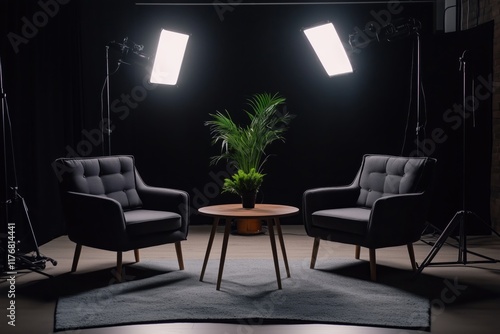 Cozy minimalist studio. Empty studio without people. Studio for podcasts or interviews. Stylish studio. Two comfortable armchairs with lighting and a coffee table