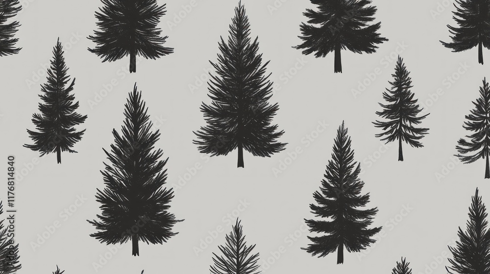 Obraz premium Seamless pattern of dark evergreen trees on light gray background.