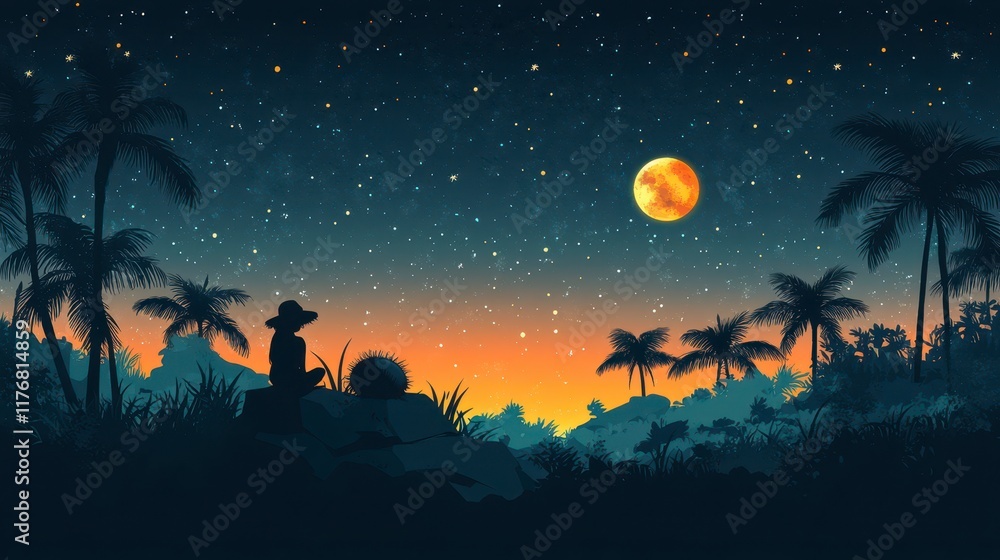 Silhouette of woman sitting on rock, gazing at a large moon and starry night sky above tropical palm trees. Silhouette of woman sitting on rock, gazing at a large moon and starry night sky above tropical palm trees.