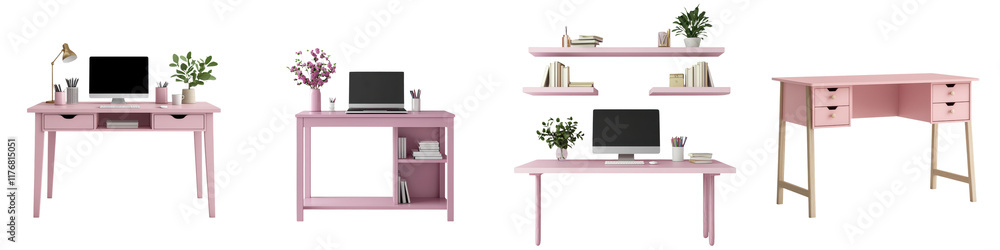 Elegant pink home office workspace with laptop computer monitor decorative plants and minimal modern furniture Organized and productive study or work environment with a feminine stylish aesthetic Elegant pink home office workspace with laptop computer monitor decorative plants and minimal modern furniture Organized and productive study or work environment with a feminine stylish aesthetic