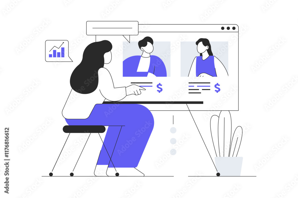 Video business. Colleagues discussing work tasks in group chat, coworkers communicating at online meeting. Flat Cartoon Vector Illustration, icon. Stylish abstract Video business. Colleagues discussing work tasks in group chat, coworkers communicating at online meeting. Flat Cartoon Vector Illustration, icon. Stylish abstract