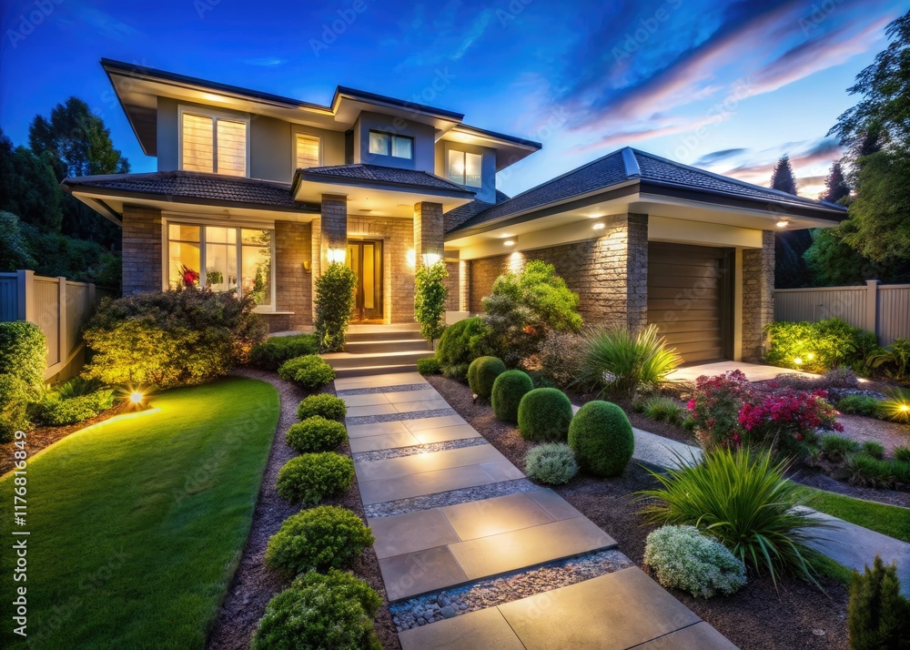 Obraz premium Modern home, bathed in night light, showcases a glowing garden path.