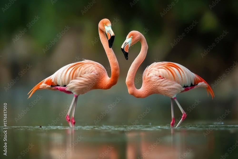 Obraz premium A pair of Andean flamingos standing gracefully in a shallow salt lake in the Andes.