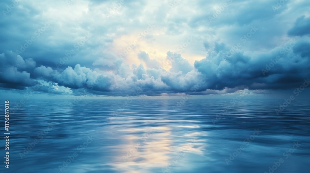 Obraz premium Serene ocean scene with dramatic cloudscape at sunset reflected on water
