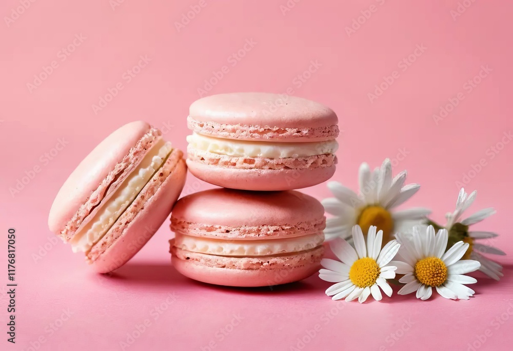A close-up of a macaroon with daisies on a pink background A close-up of a macaroon with daisies on a pink background