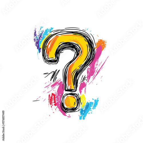 Stylized yellow question mark with colorful paint splashes. photo