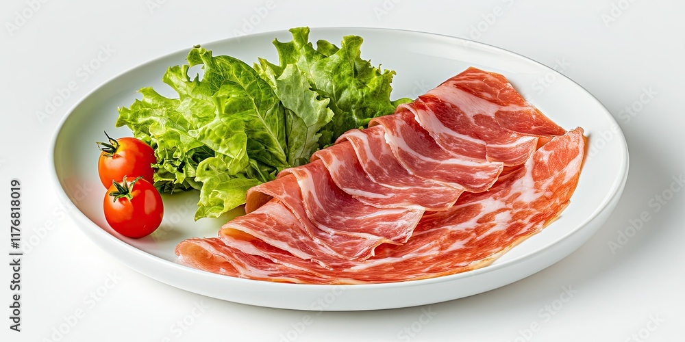 Delicious cured ham served with lettuce and tomatoes Delicious cured ham served with lettuce and tomatoes