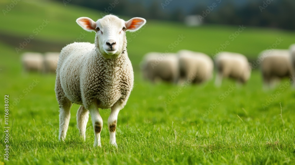 Obraz premium Playful lamb standing in a lush green pasture