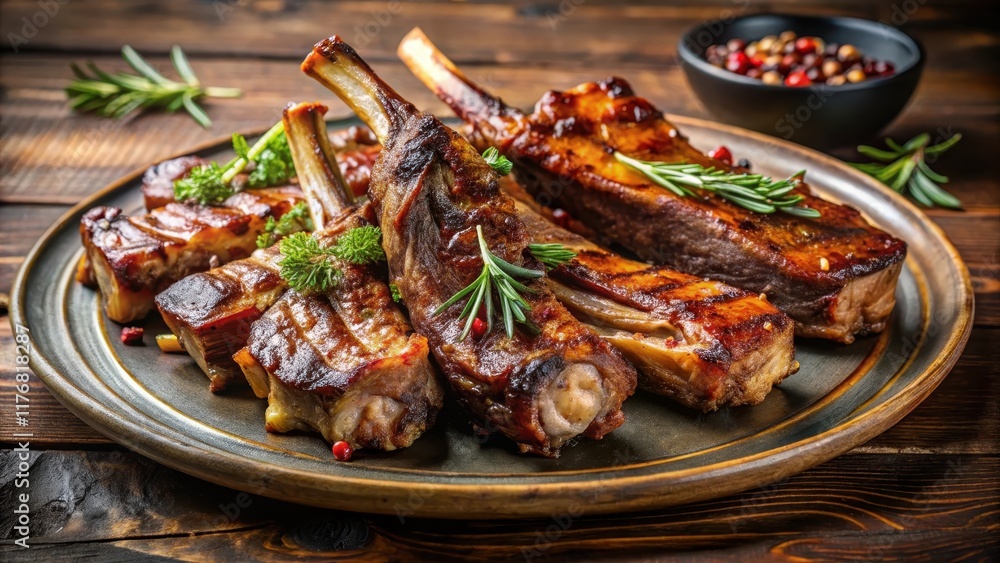 Tender grilled lamb veal ribs rest on a plate with golden brown crispy edges and juicy tender meat Tender grilled lamb veal ribs rest on a plate with golden brown crispy edges and juicy tender meat