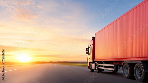 A truck with a red container drives along a road at sunset, showcasing a beautiful horizon filled with warm colors.
