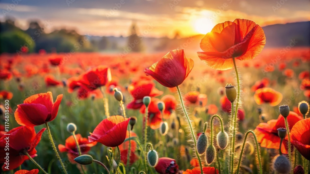 Fototapeta premium field of vibrant red poppies swaying gently in the warm sunlight, rural scene, nature, rural scene, nature