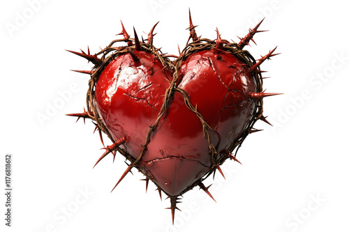 Red cracked heart entwined in sharp thorns isolated on white transparent background, symbolizing pain, love or heartbreak photo