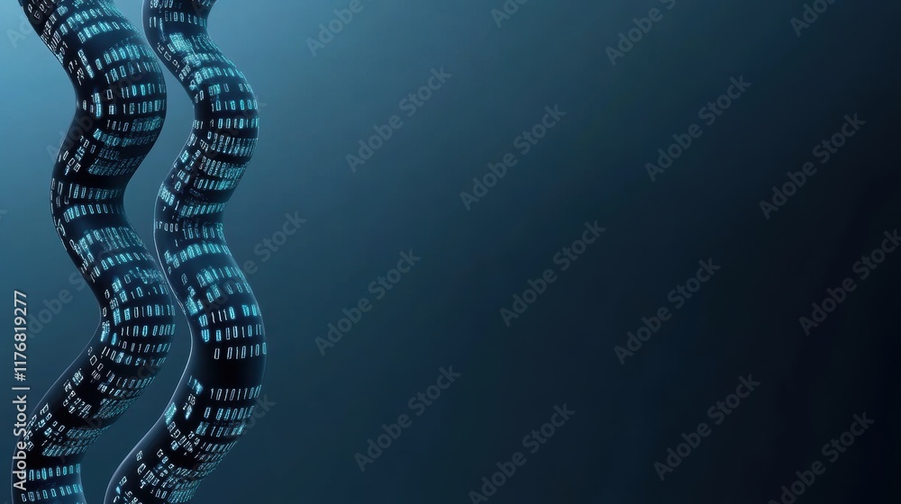 Digital dna strands with binary code on dark background Digital dna strands with binary code on dark background