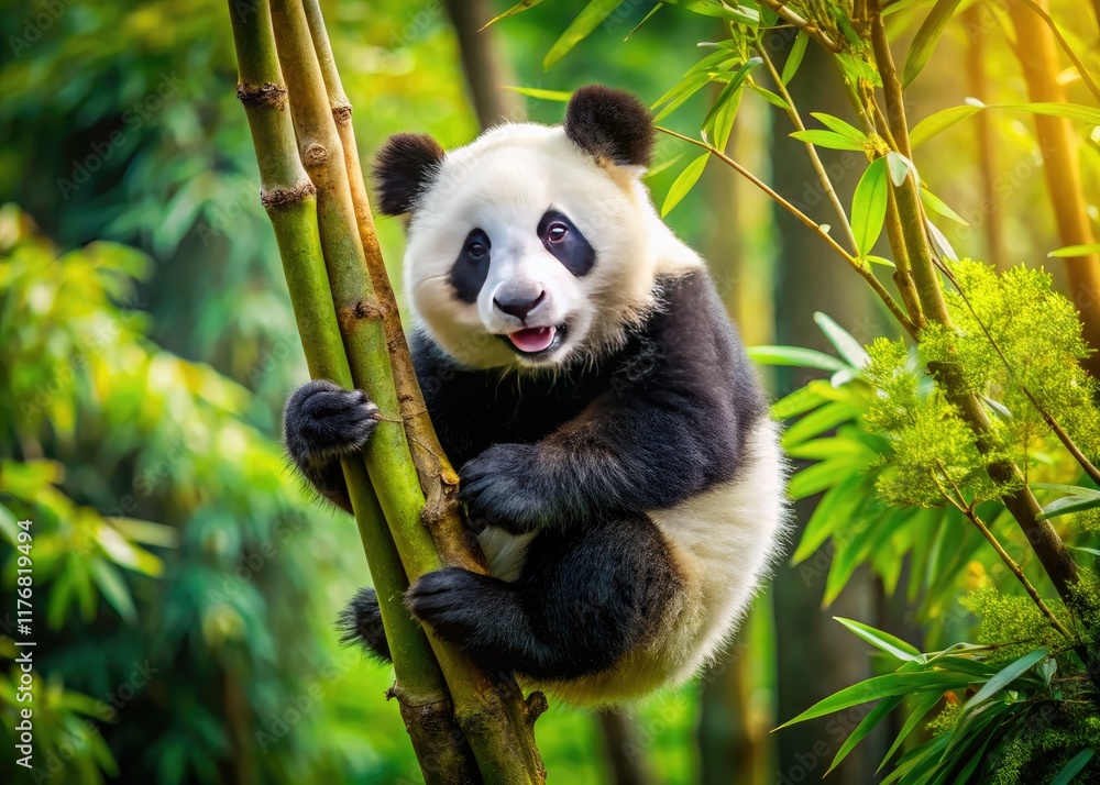 Obraz premium Adorable panda bear enjoys a playful climb amongst bamboo.