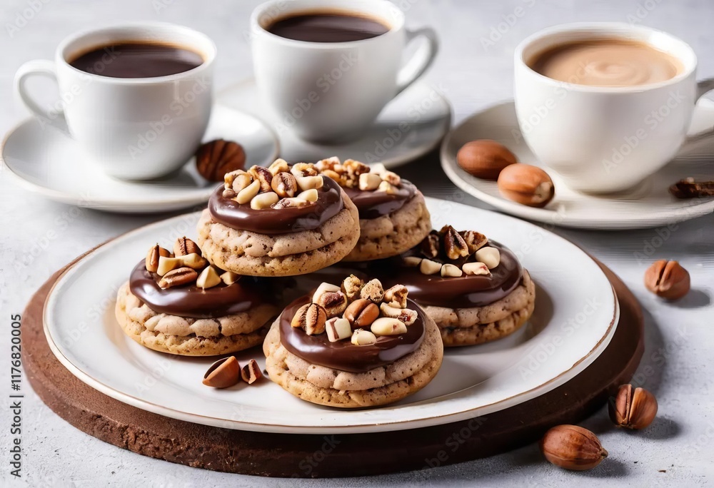 A plate of round nut cookies with a cup of coffee in the background A plate of round nut cookies with a cup of coffee in the background